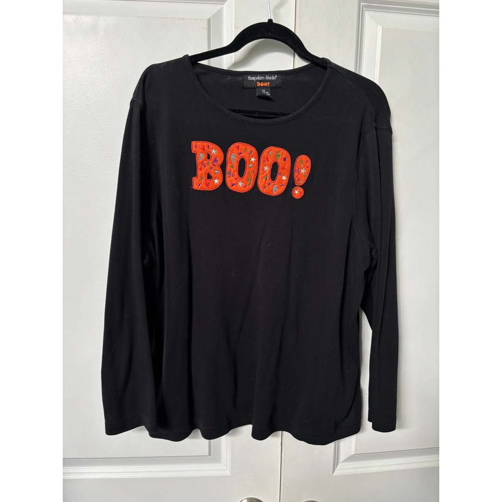 Hampshire Studio Womens 2X Halloween Boo Graphic Long Sleeve Tee Black Orange